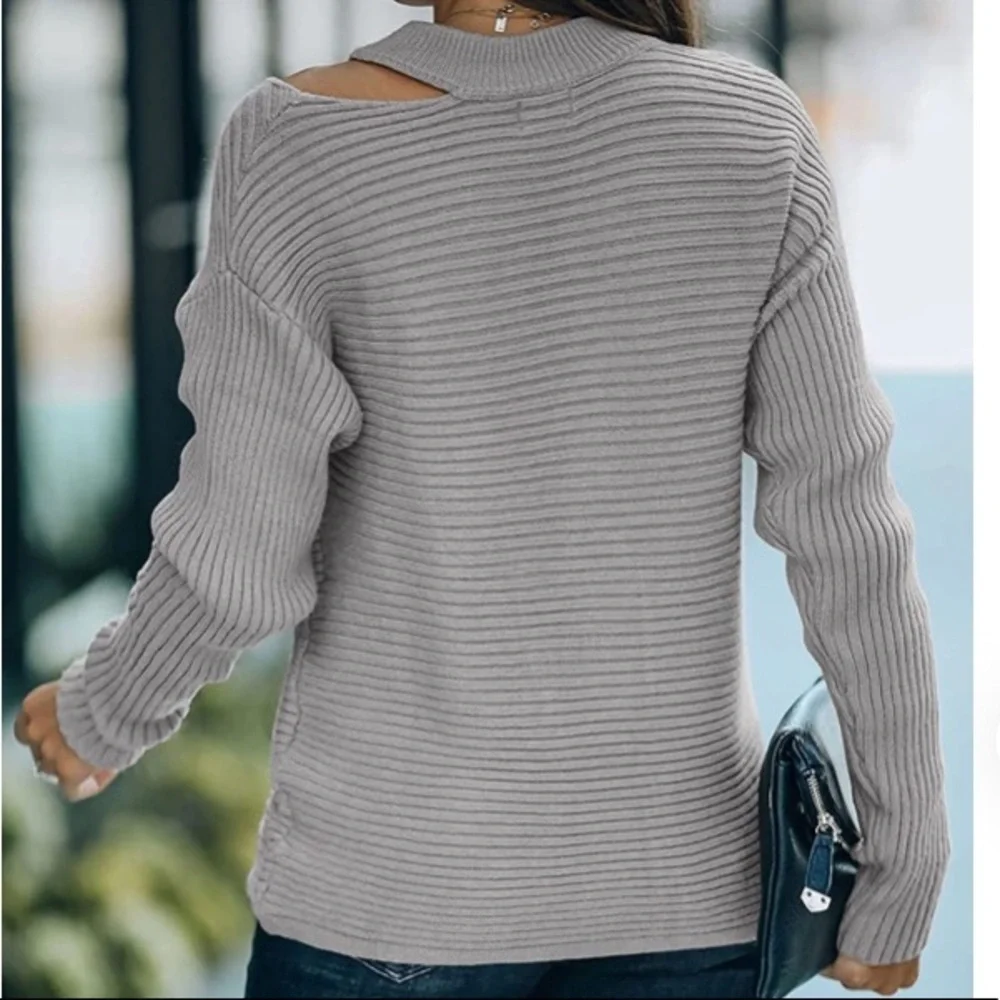 Women’s Halter Neck Cold Shoulder Grey Ribbed Sweater